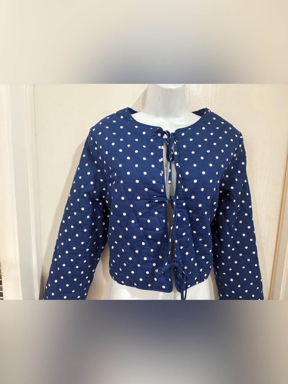 Blue quiet luxury minimalist Polka Dot quilted  Tie-Front Jacket